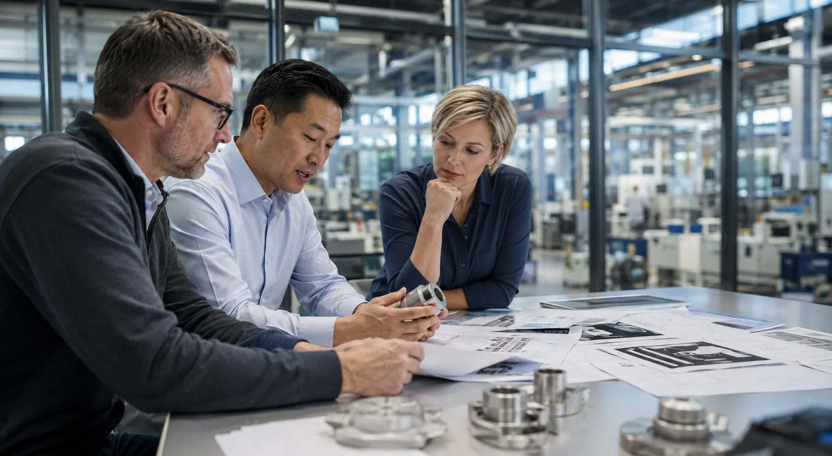 Three industrial professionals examining a component and shared evidence in a bright manufacturing environment