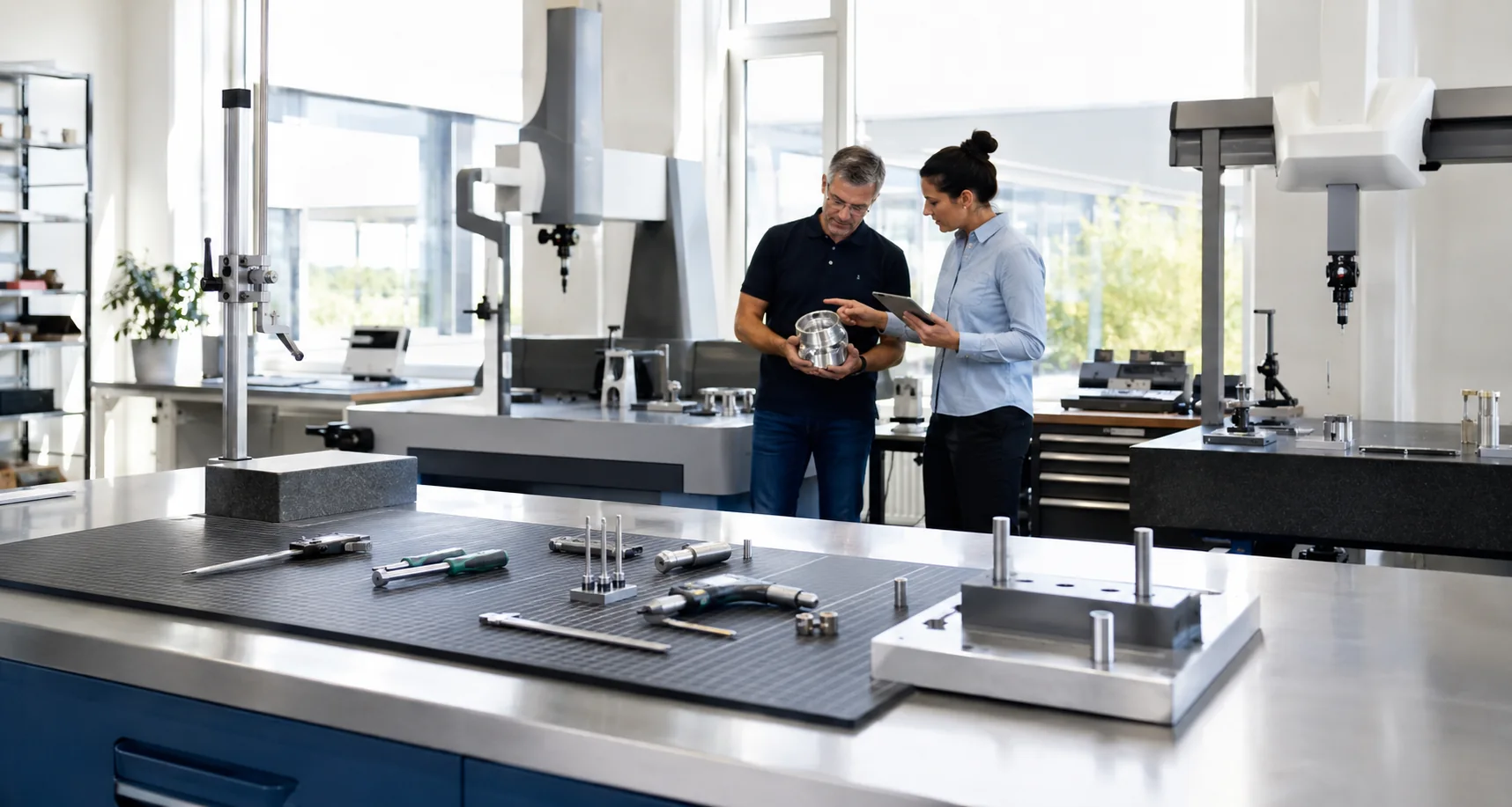 Experienced industrial professionals examining a precision component in a bright quality workspace